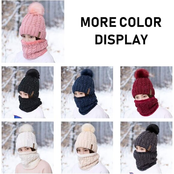 Womens Girls Winter Knit Beanie Hat and Scarf Set Warm Pom Pom Ski Set - Picture 5 of 7